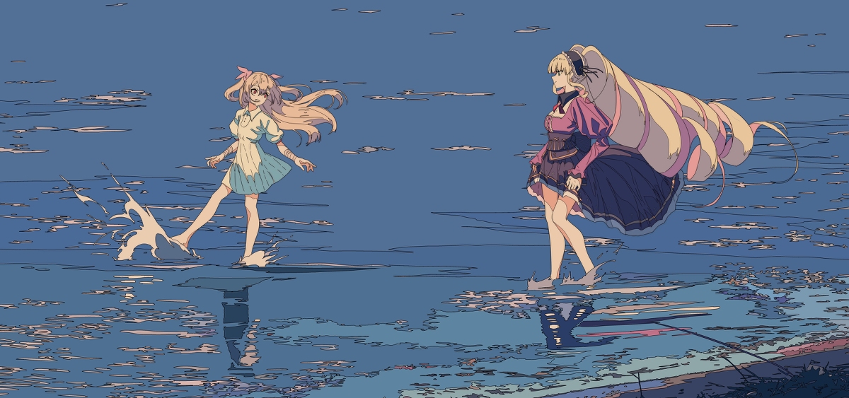 he image shows two anime girls playing in shallow water at sunset.  one girl has long blonde hair and wears a purple and dark blue dress. the other girl has light blonde hair and wears a light blue and white dress. the water is calm and reflects the sky and girls. the overall style is soft, pastel, and peaceful.