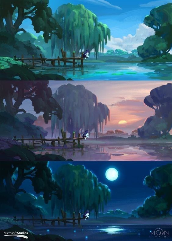 the image shows three variations of the same landscape at different times of day. the scene depicts a swampy area with a wooden bridge leading to a small island. lush trees, possibly willow trees, frame the scene with their branches draping down towards the water. the top image shows the scene during the day with vibrant blues and greens dominating the color palette. the middle image depicts sunset, casting warm oranges and purples across the sky and water. the bottom image showcases a moonlit night with deep blues and subtle hints of bioluminescence in the water. a lone bird is perched on the bridge in all three images, adding a sense of stillness and solitude to the scene.
