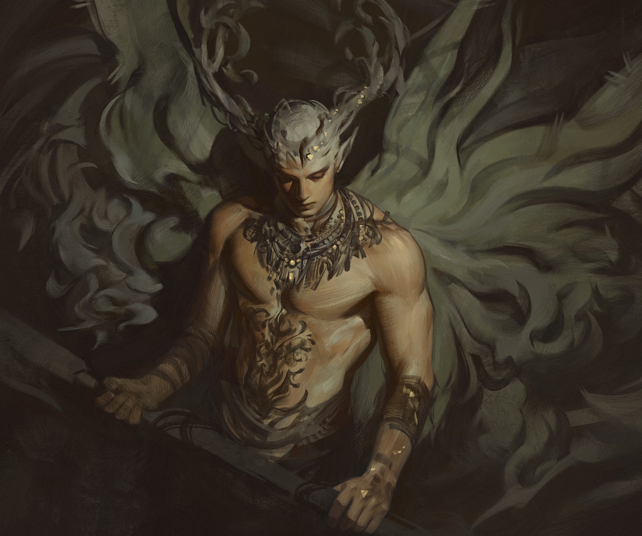 the artwork depicts a muscular, barechested male elflike figure. he has an ornate antler crown atop his head and wears intricate gold jewelry around his neck and wrists.  his body is adorned with dark, florallike tattoos.  he's draped in flowing, dark green fabric that resembles large wings or a cloak. his expression is serious and contemplative. the overall style is dark fantasy, with dramatic lighting and a mysterious ambiance. the artwork is richly detailed and shows a high level of skill in digital painting.