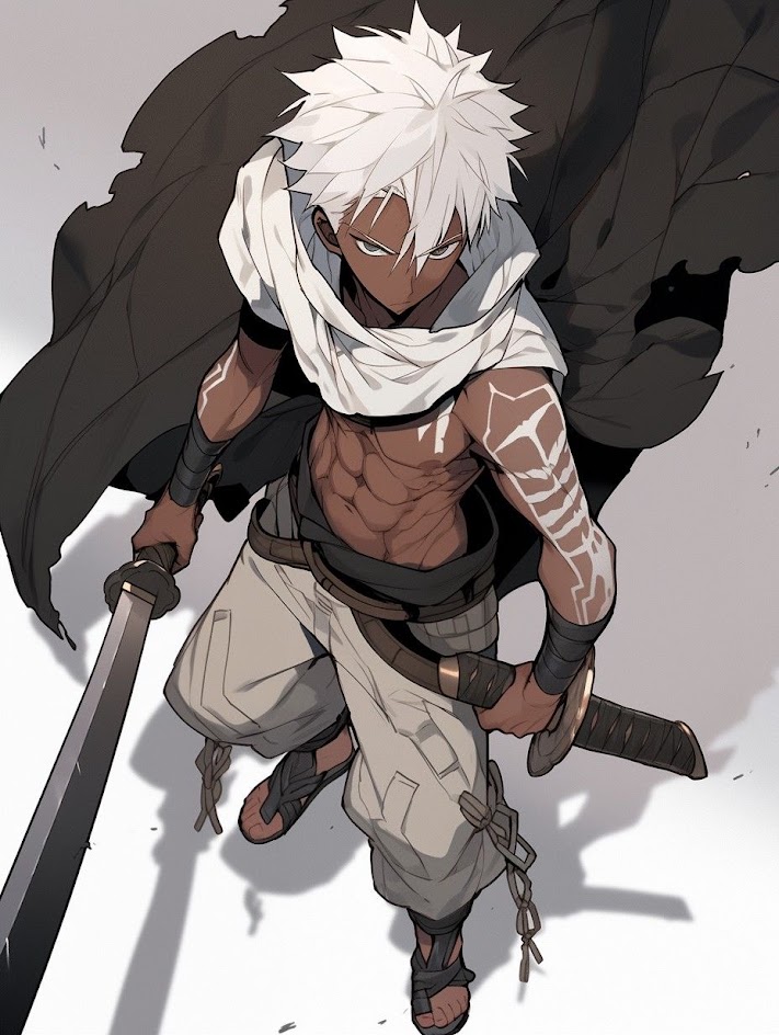 the image depicts a male anime character with white hair and brown skin, dressed in  simple clothes and a white scarf.  he is holding a katana in his right hand. he is in a fighting stance with his left hand raised and his right leg forward. the character is standing in a black and white background.