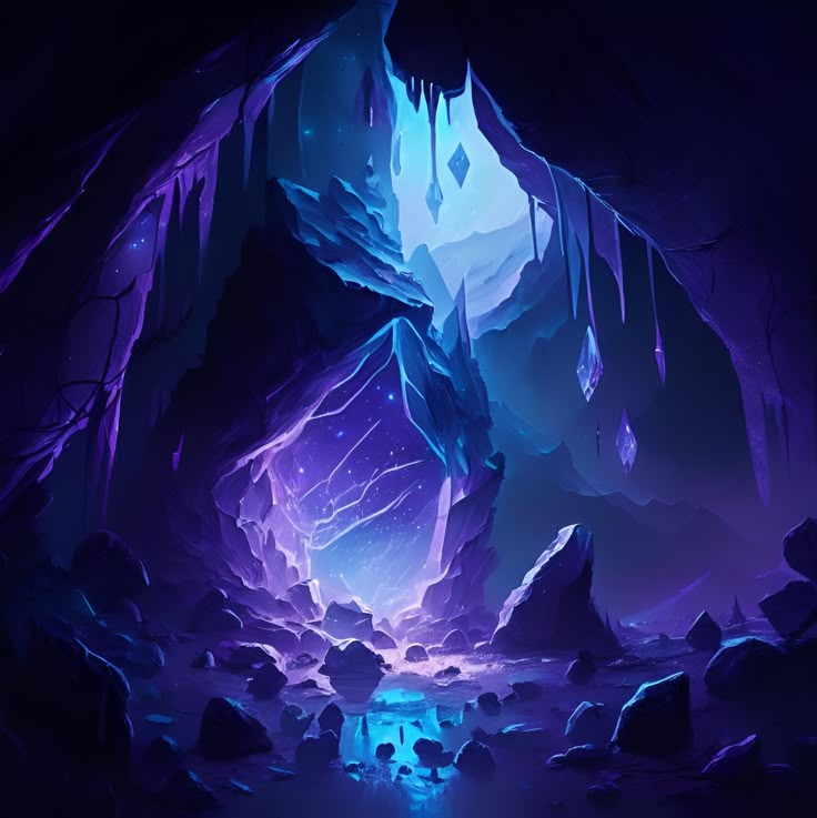a fantasy landscape depicting the interior of a dark, purple and blue cave with crystal formations. stalactites hang from the cave ceiling, and large crystalline rocks illuminate the scene. the cave floor is covered in rocks and a pool of water reflects the glowing crystals.