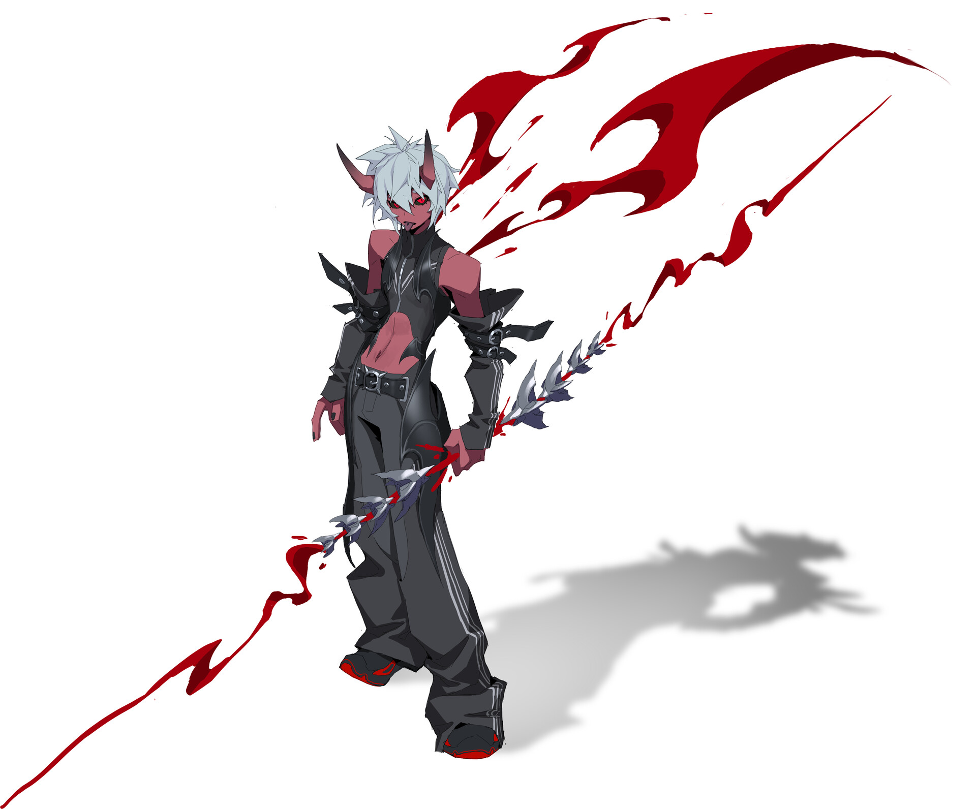 a full body illustration in anime style of a demonlike figure. the figure has red skin, white hair, and red horns. it wears dark, gothicstyle clothing with a visible midriff, and wields a bladed weapon that is dripping blood. the character is casting a shadow on a white background.