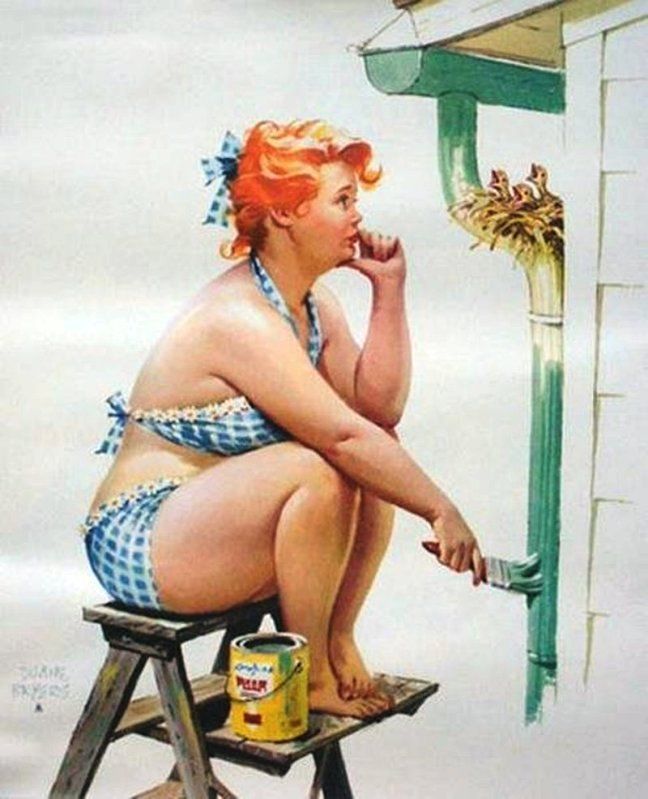 a beautiful redhead woman in a blue and white gingham bikini, sitting on a ladder while painting a wall of a house. she's smiling and looking at the paintbrush in her hand. the wall is green and there is a gutter pipe that looks like a bird's nest behind her.