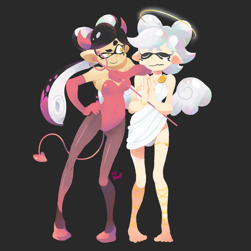 this illustration shows two female squid/inkling girls. one is dressed as a devil and has red horns, a red dress and a tail. she holds a pitchfork. the other is dressed as an angel and has wings, a halo, and a white dress. the two are smiling at the viewer.