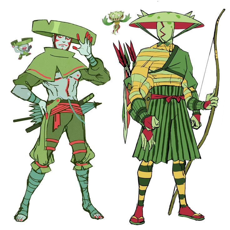two cartoon samurai characters standing side by side. both are dressed in green and red. one is holding a sword and the other a bow. they are in a fighting stance.  the character on the left has a wide brimmed hat with an open face mask. the character on the right is wearing a larger hat that covers the head.  both have striped pants.   the drawing is done in a  loose style, with bold lines and strong colours.  the characters have a humorous, almost cartoonish, look to them.