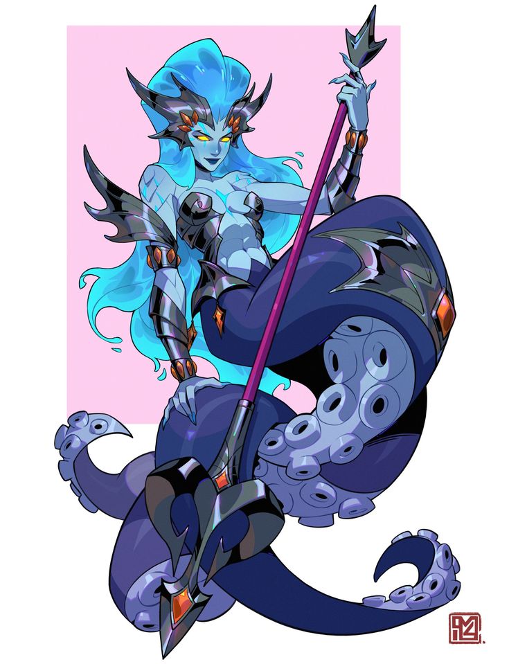 the image is a vibrant digital painting of a stylized female mermaid character.  she has bright blue, flowing hair that appears almost luminescent. her lower body is that of a kraken or octopus, with multiple tentacles. she wears dark, metallic armor and wields a large trident or spear with a purple shaft. the background is a simple, light pink, which contrasts sharply with the dark blues and purples of the character and her attire. the overall style is reminiscent of fantasy art with a cartoonish or comic flair, showing a powerful, perhaps even regal, aquatic creature. the art style is dynamic, with a sense of movement and energy captured in the character's pose.