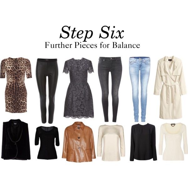 the image shows various clothing items, including dresses, leggings, jeans, coats, blazers, and shirts, with the text "step six further pieces for balance" at the top.