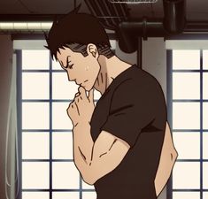 a young, fit, anime man with short black hair is shown from the chest up.  he is facing to the left and looking downward with his hand on his chin in a contemplative pose. he is wearing a tight black tshirt. the background suggests he is indoors in a room with windows and exposed ductwork. the overall color scheme is muted.