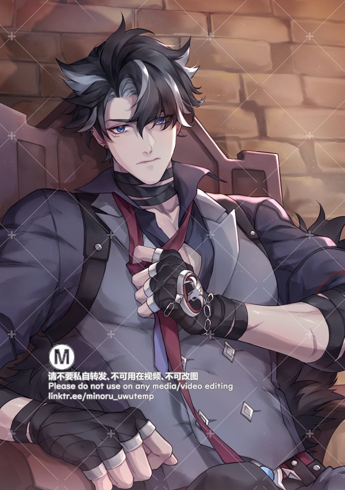 the artwork shows a handsome anime man with dark hair and grey streaks in it, sitting in a chair. he is wearing dark clothes and a red tie, and he is wearing black gloves. he is looking at the viewer with a cool expression. the background is a simple brick wall with a wooden chair.