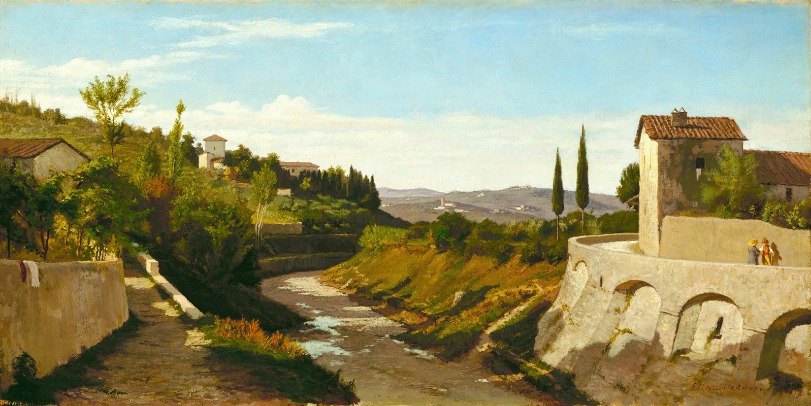 a landscape painting depicting a river flowing through an italian countryside. the river meanders between grassy banks and beneath a stone bridge with arches. on the bridge, there are two figures. to the left, a path leads away from the river, alongside a stone wall with a house. the landscape includes buildings nestled among trees and hills, with cypress trees standing tall. the sky is blue with a few clouds. the painting style is realistic with a focus on light and shadow.