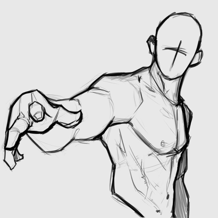 the image is a dynamic, unfinished sketch of a male torso. the figure is depicted from the chest up, with one arm extended forward and the hand prominently featured. the drawing style is loose and gestural, focusing on capturing movement and form rather than precise detail. muscle definition is suggested through shading and line variation. the face is simplified, almost abstract. the overall style is expressive and suggestive, typical of a quick study or preliminary sketch for a more finished artwork.  the background is plain and light gray, making the black lines of the drawing stand out clearly.