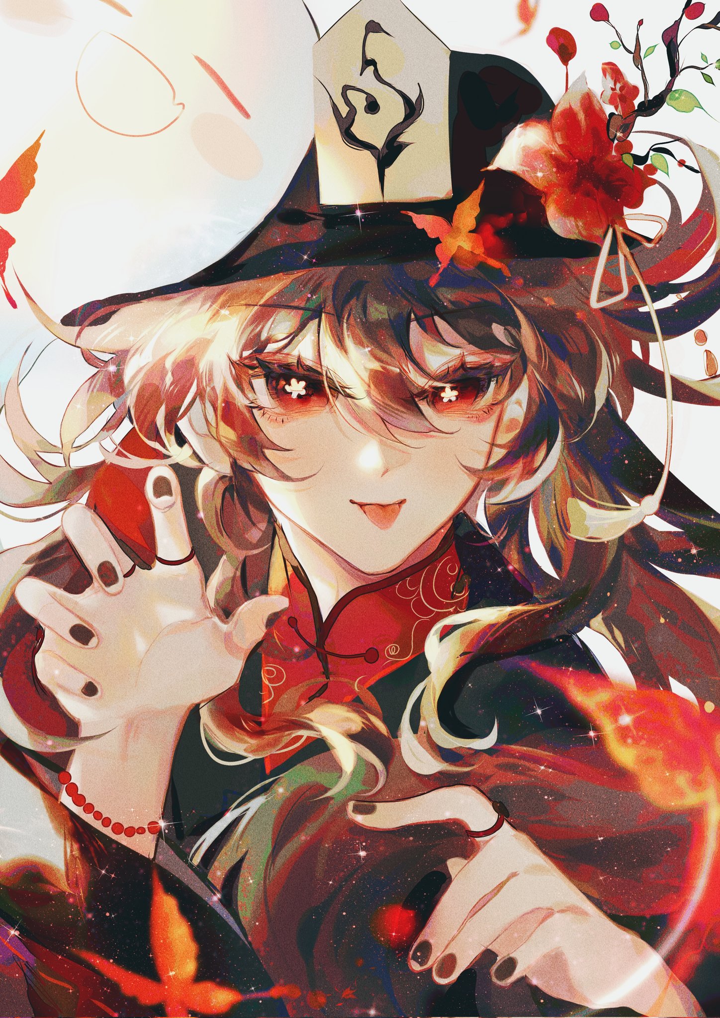 the image is a digital painting of a young woman with animestyle features. she has long, flowing blond and red hair, red eyes, and is wearing a darkcolored outfit with red accents that resembles a traditional asian kimono or robe, possibly chinese or japanese in style. she is also wearing a black hat with a gold design and a red flower adornment. part of a white mask is visible next to her face. her expression is playful and mischievous. the background is a mix of vibrant red and gold colors, with sparks of fire and stars. the overall style is fantastical and mystical.