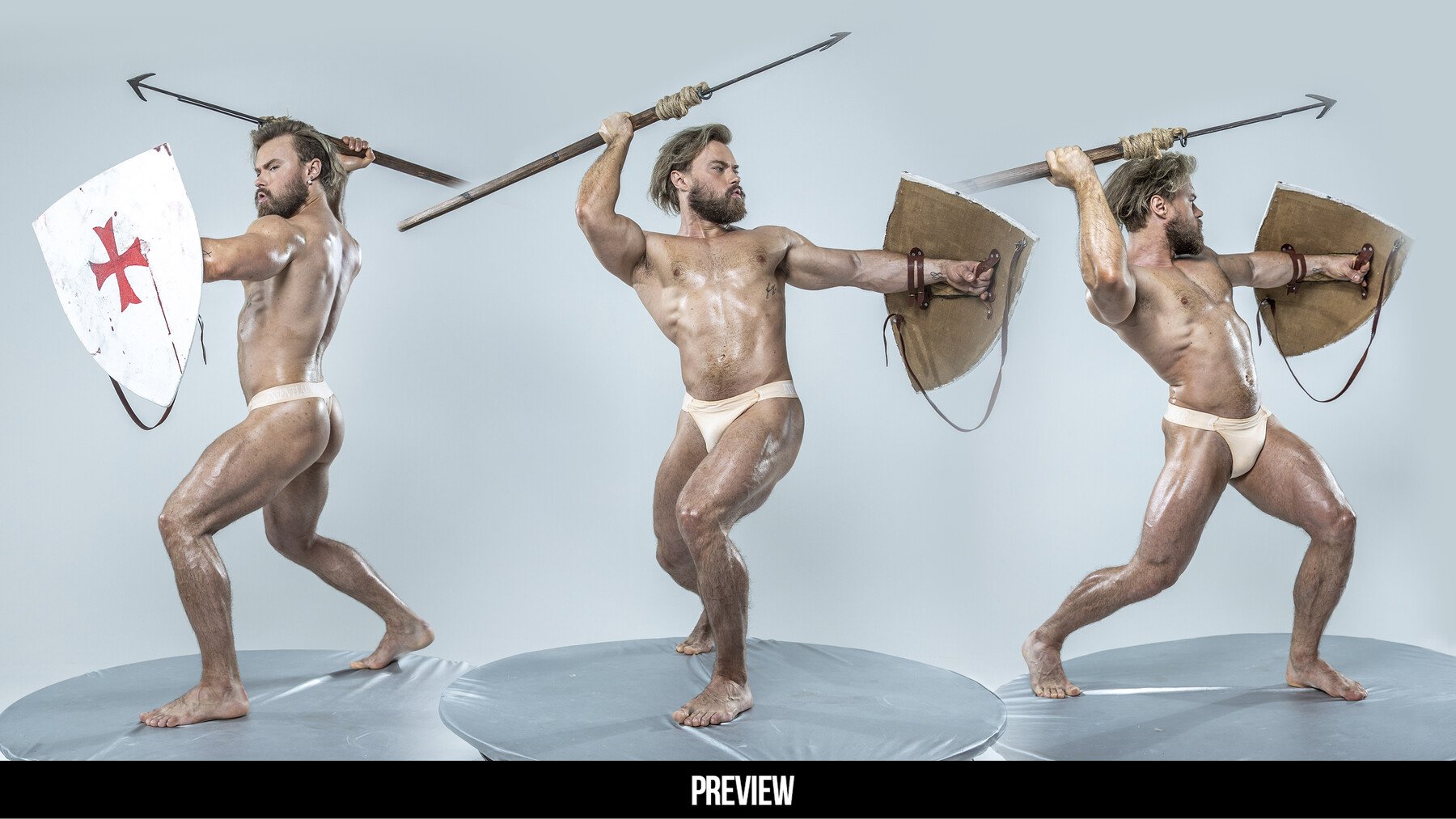 a muscular man wearing a loincloth is depicted in three different poses, all showcasing his strength and determination.  in the first pose, he holds a shield in his left hand and a spear in his right, ready to strike. in the second pose, he raises his spear above his head, looking fierce and focused. in the third pose, he is shown from the back, wielding a shield and sword in each hand.  the images evoke a sense of power, courage, and readiness for battle.