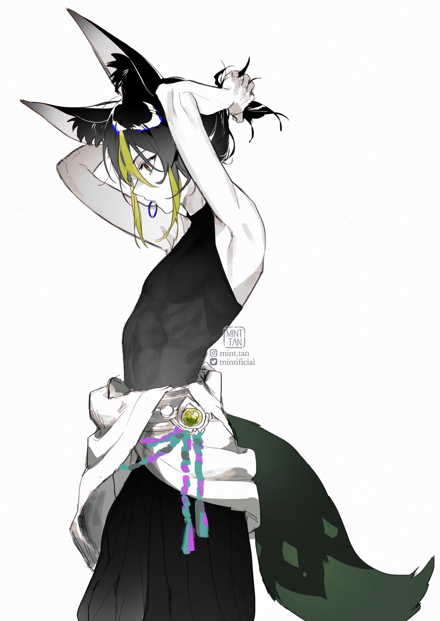 a digital illustration of a female anime character with long black hair and green eyes. she is wearing a black shirt, black pants, a white shirt, and a green cape. she has a green tail and is wearing a blue earring. she is looking to the side with a stoic expression on her face. the background is white.