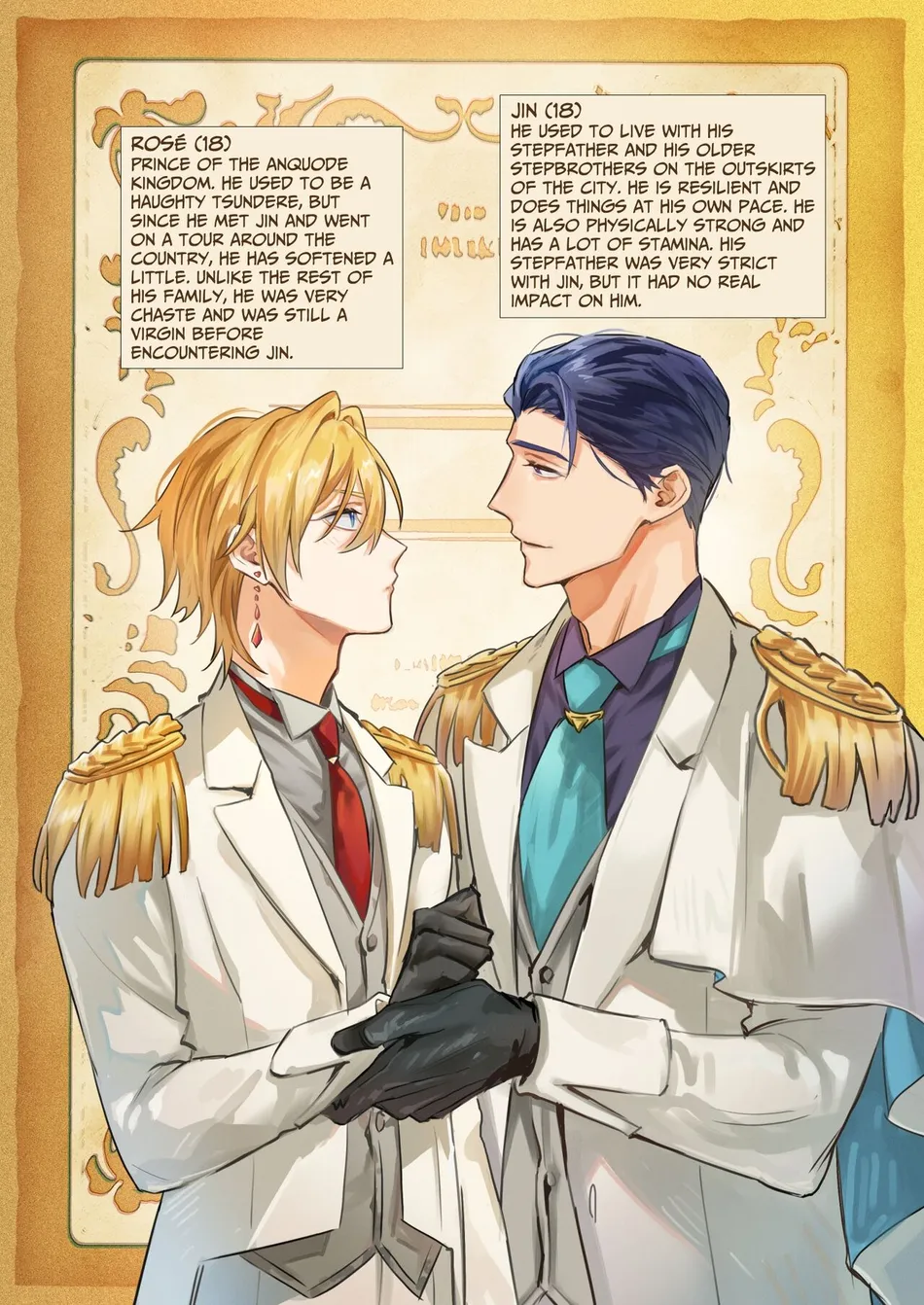 an image of two men in formal attire, standing side by side, with one man dressed in a white suit and the other in a white suit with a blue sash. both men are looking at each other. the man in the white suit has blonde hair and blue eyes, while the man in the white suit with the blue sash has dark blue hair and brown eyes. the man with the blonde hair has a pink earring in his left ear.  the image is from a manga or anime, and is likely a depiction of a romantic relationship between the two men.
