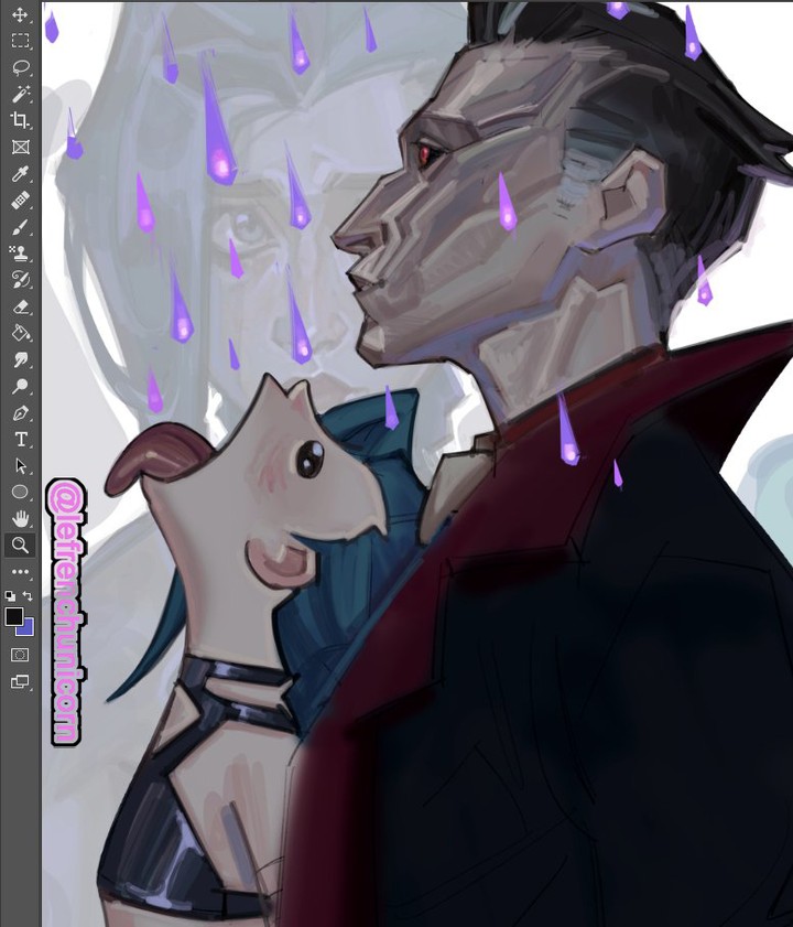 the image showcases a digital painting, seemingly a work in progress, judging by the visible photoshop interface on the left. the artwork depicts a stylized portrait of a man and woman, possibly a couple, in a dark and dramatic setting.  purple, glowing droplets fall around them, creating a mystical or ethereal atmosphere.  the woman appears to be partially obscured and has a small, lightcolored creature with her, possibly a familiar or companion. the man is sharply defined with intense eyes, and wears a dark coat. the overall style is painterly and slightly rough, with visible brushstrokes. the artist's tag "@lefrenchunicorn" is present on the artwork.  the background is a soft grey with indistinct figures, hinting at a story beyond the main couple.