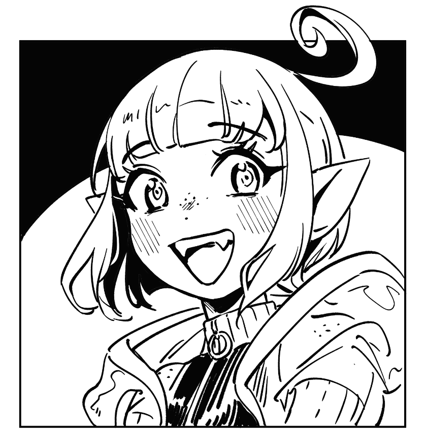 a black and white drawing of a young woman with long, wavy hair. she is smiling brightly and has a cheerful expression. she is wearing a sweater and a coat. her hair is styled in a way that makes it look like it's floating. her eyes are large and sparkling, and her mouth is open in a wide smile. she looks like she's having a lot of fun. the drawing is done in a simple, clean style with a lot of white space.