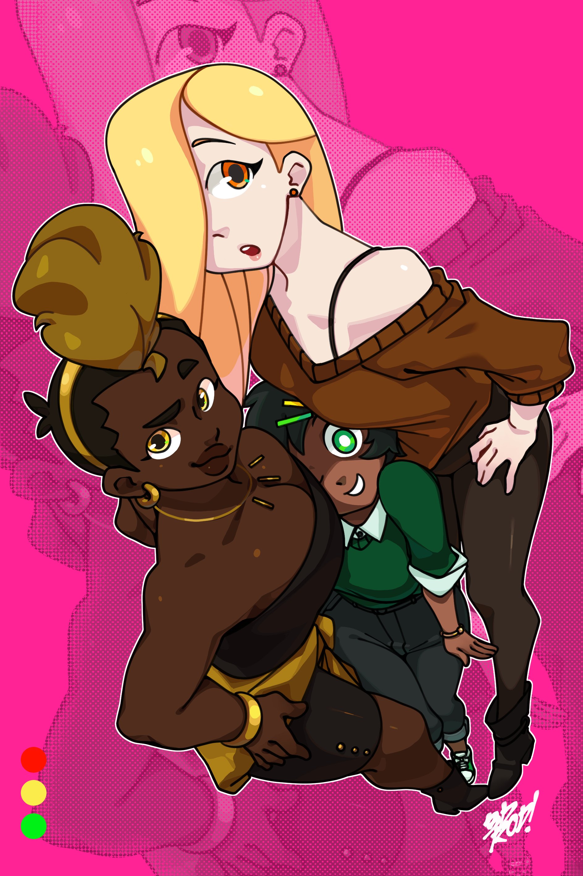 an illustration of three female cartoon characters. they are smiling at each other. they are standing close to each other. the girl in the middle is wearing a brown sweater with a black top underneath. she also has black pants. the girl on the left is wearing gold and black clothing. she is facing to the right and has long blonde hair. the girl on the right is wearing a green shirt with black pants. she has short black hair. the background is pink with a dot pattern.