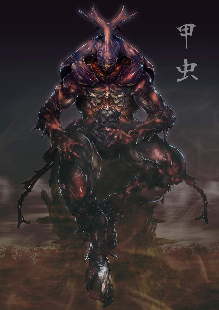 the image showcases a dramatic digital painting of a powerful, humanoid creature resembling a stag beetle.  the creature is dark red and black, with imposing horns and clawed limbs. it sits on a rock formation, appearing regal and ominous. the background is dark and desolate, with a suggestion of a vast landscape.  chinese characters are visible in the upper right corner.  the overall style is dark fantasy, conveying a sense of power, mystery, and menace.