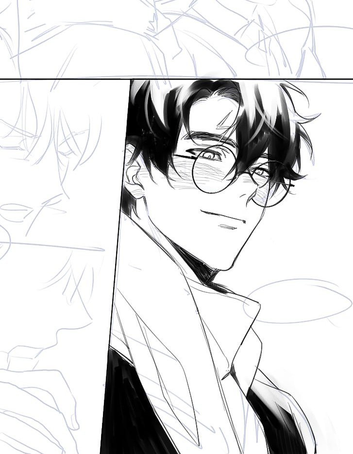 the image is a closeup, stylized black and white drawing or sketch of a young animestyle man. he has dark, stylish hair, round glasses, and is wearing a collared shirt and suit jacket. the style is expressive, with detailed line work and shading to convey a sense of elegance and attractiveness. the man appears to be slightly blushing.  there's a partially visible sketch of another person in the background, suggesting this might be a panel from a larger artwork, possibly a manga or graphic novel. the overall style leans towards a romantic or dramatic genre.
