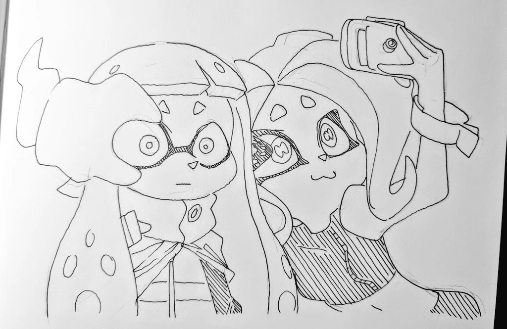 a black and white line drawing of two inkling girls from the video game splatoon. the girl on the left is wearing glasses and has her hair in a ponytail. the girl on the right has her hair down and is holding a camera. they both have big eyes and are looking at the camera. the background is blank.