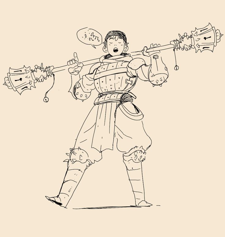 the image is a line drawing or sketch of a whimsical, cartoonish fantasy warrior.  the warrior, appearing somewhat youthful, is wearing medievalstyle armor including a breastplate and armored leggings with spiked details. they are carrying a large, ornate flail (a type of medieval weapon) over their shoulder, and their mouth is slightly open, as if they are singing or humming. the style is loose and expressive, with varied line weight, suggesting a quick sketch or informal illustration rather than a finished piece of art. the background is a simple, light beige color.  the overall mood is playful and lighthearted.