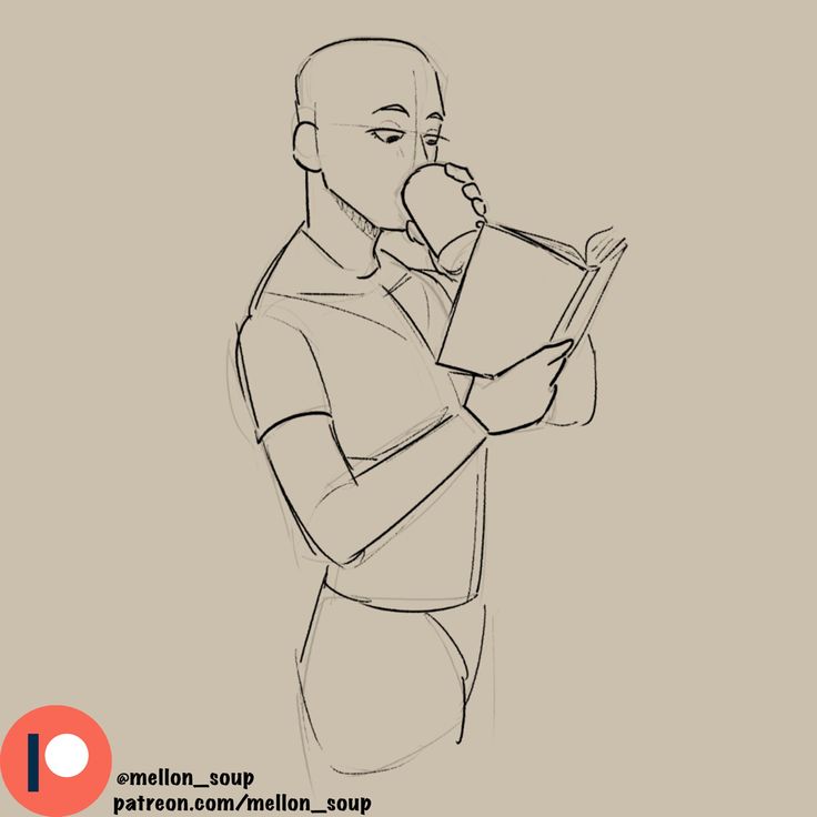 a simple sketch of a man sitting down drinking coffee from a cup while reading a book. the lines are rough and loose, giving the impression of a quick drawing.