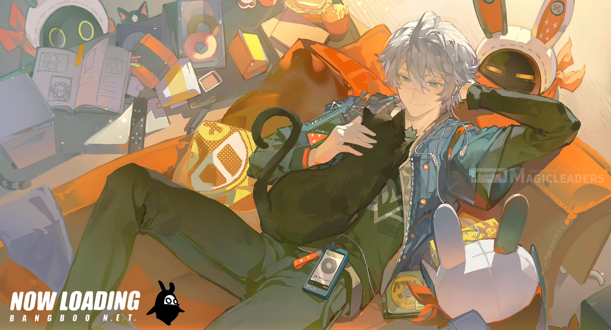 the image is a vibrant digital fanart depicting a young animestyle male character with silver hair and glasses. he's relaxing on an orange couch, cuddling a black cat. the room is cluttered with books, stuffed animals (including a rabbitlike one), and various other items, suggesting a cozy and slightly messy atmosphere.  he's wearing a denim jacket and headphones are visible, hinting at a relaxed, musiclistening vibe. the artwork style is loose and painterly, with a warm color palette and soft lighting. the text "now loading bangboo n.e.t."  is present suggesting a loading screen for a game or digital media. the artist's signature "magicleaders" is also visible. the overall mood is peaceful, comfortable and youthful.