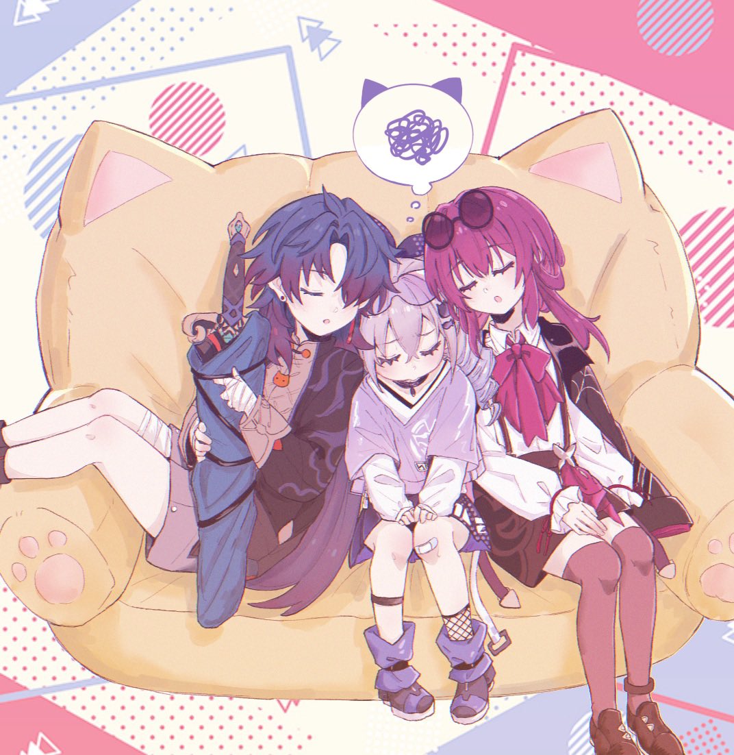 the image is of three anime girls sleeping on a cat shaped yellow sofa. they are all dressed in cute and colorful outfits. the girl on the left has purple hair and is wearing a blue and purple outfit. the girl in the middle has white hair and is wearing a purple and white outfit. the girl on the right has red hair and is wearing a red and white outfit. the sofa has a white and pink background, and there is a speech bubble with a doodle inside above the sofa.