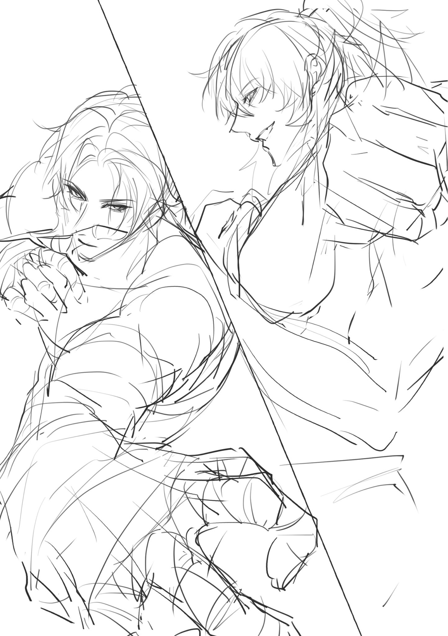 a sketch drawing of two anime characters in a dynamic pose, one character is attacking the other. the drawing is in black and white. the background is a simple sketch of a wall. the drawing appears to be an action shot of a manga style fight.  it has a rough, energetic style that captures the intensity of the moment.