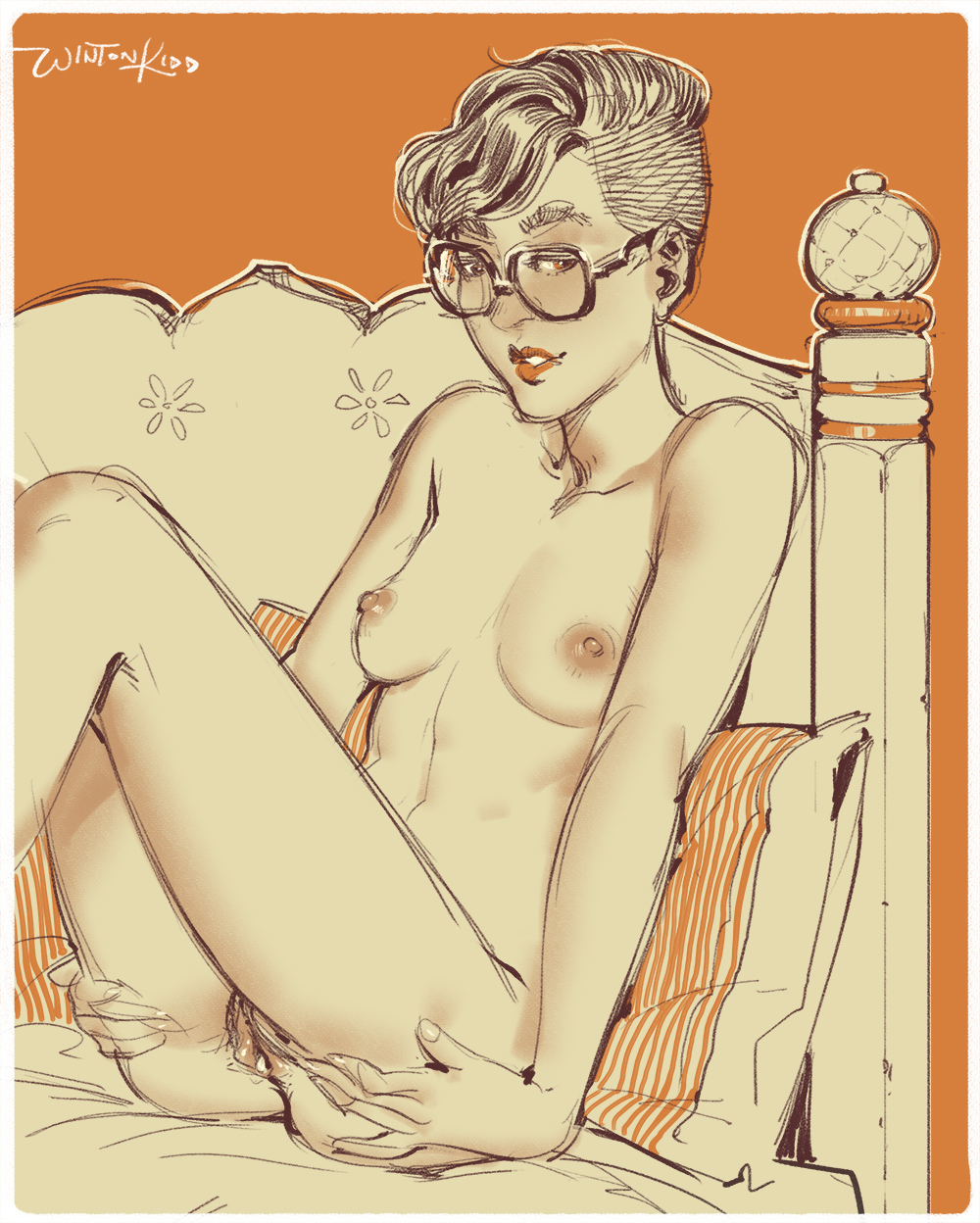 the image is a stylized drawing of a nude woman sitting on a bed. she is wearing glasses and has short hair. the bed has an orange and beige striped pillow. the style is whimsical and retro, with soft lines and muted colors. the woman appears relaxed and comfortable. the drawing is sensual but not overtly sexual. the overall tone is peaceful and intimate.