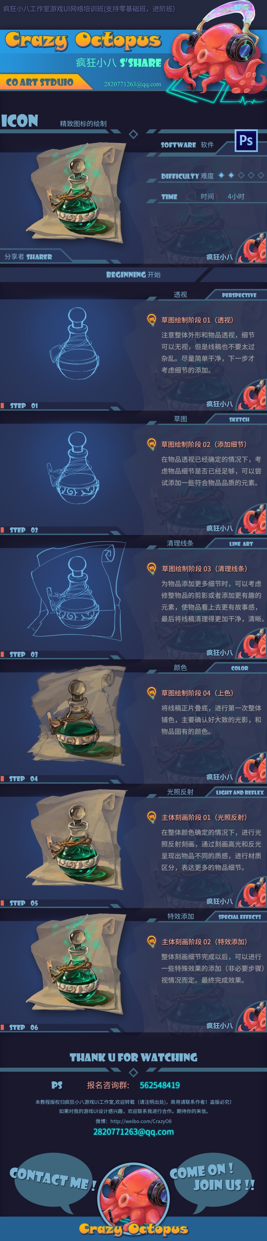 he image is a stepbystep tutorial showcasing the creation of a "poison bottle" icon for a mobile game called "crazy octopus". the tutorial is presented on a digital interface resembling a mobile phone screen, featuring a dark background with vibrant green and blue accents. each step of the design process is illustrated and accompanied by chinese text. the tutorial concludes with a thank you message and contact information for the artist. the overall aesthetic is playful and inviting, hinting at a casual and engaging mobile gaming experience.