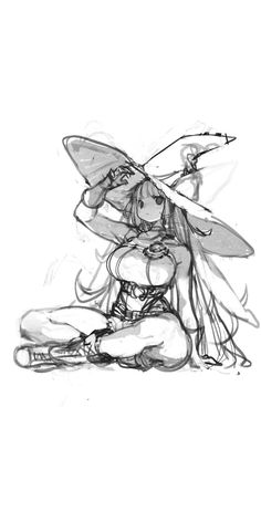 the image is a black and white sketch of a young woman dressed as a witch. she is seated on the ground, wearing a large pointed hat, a lowcut top, and shorts. she has long flowing hair and is adjusting her hat with her right hand. her expression is confident and alluring. the drawing style is loose and expressive, with visible pencil strokes.