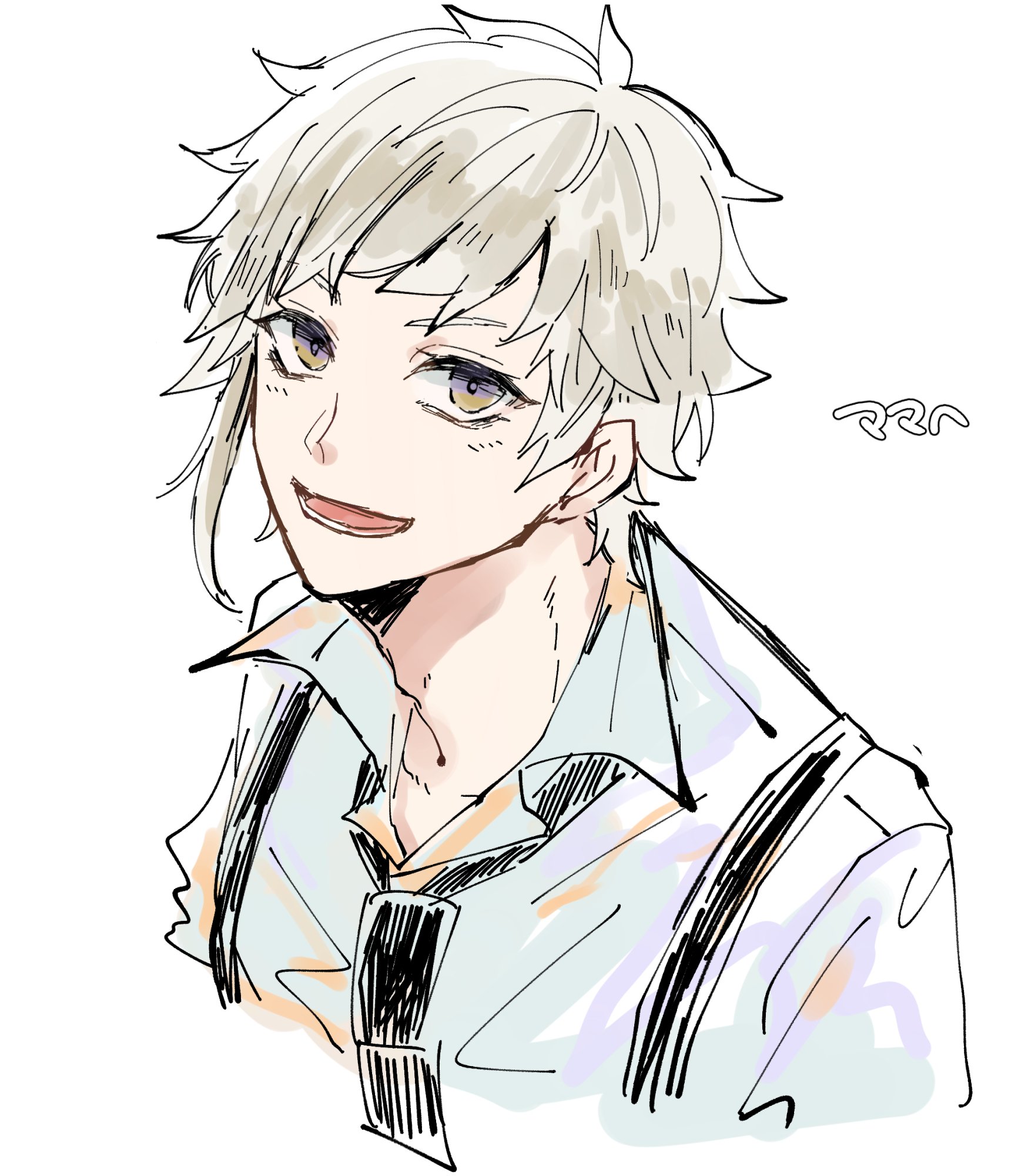 this is a digital art piece that is a line drawing sketch of a young animestyle boy with blonde hair and large, dark purple eyes. he has a warm and friendly smile and is wearing a white buttondown shirt with a black tie and a dark collar. the background is white and clean, and the entire image is in a light and cheerful style.