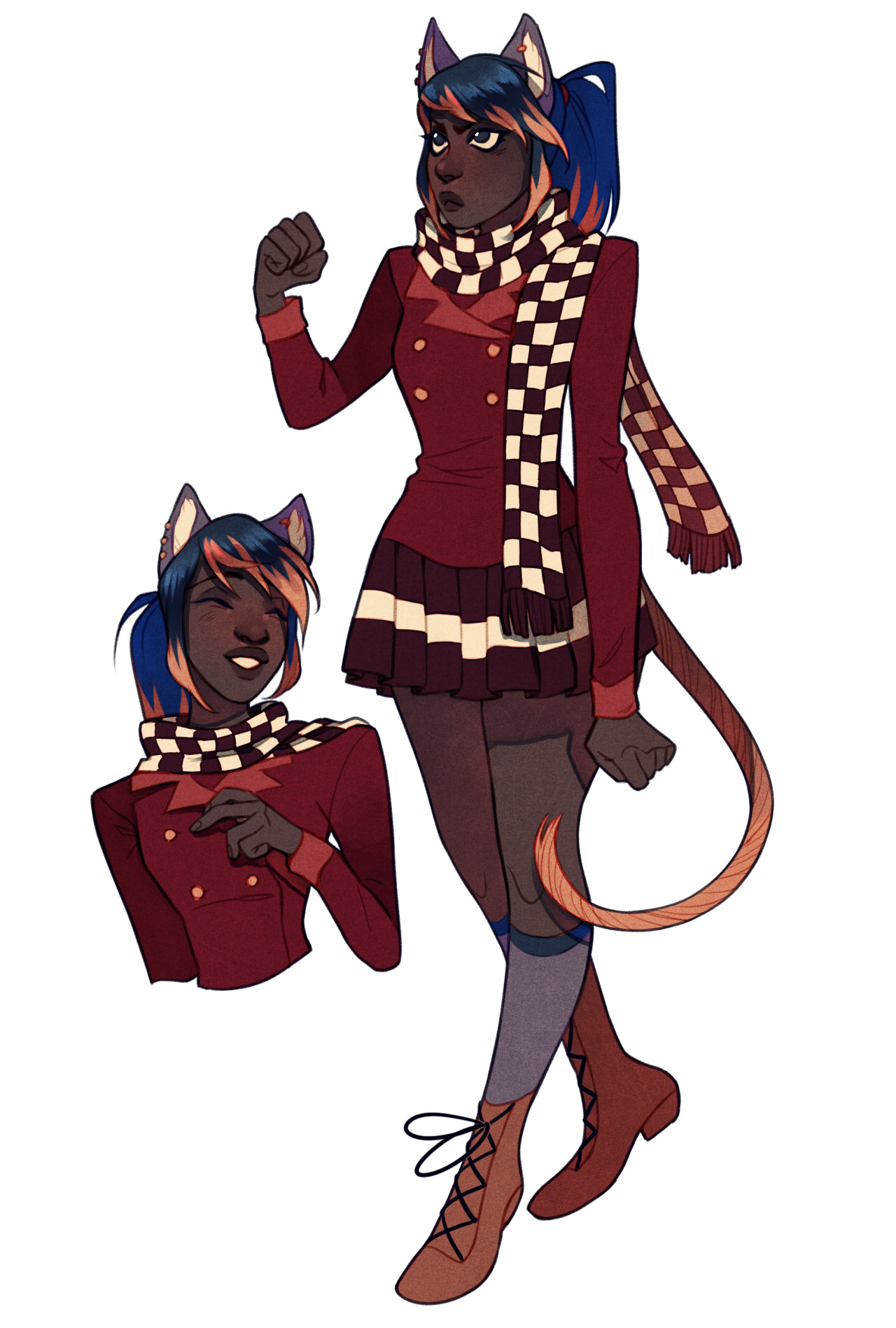 a digital illustration of a black cat girl with blue hair wearing a stylish outfit that incorporates a red doublebreasted jacket, a pleated skirt, a checkered scarf, and brown laceup boots. the character is posed confidently, showcasing her unique fashion sense and feline features. the artwork appears to be a character design or concept art, possibly for a comic book, animation, or video game.