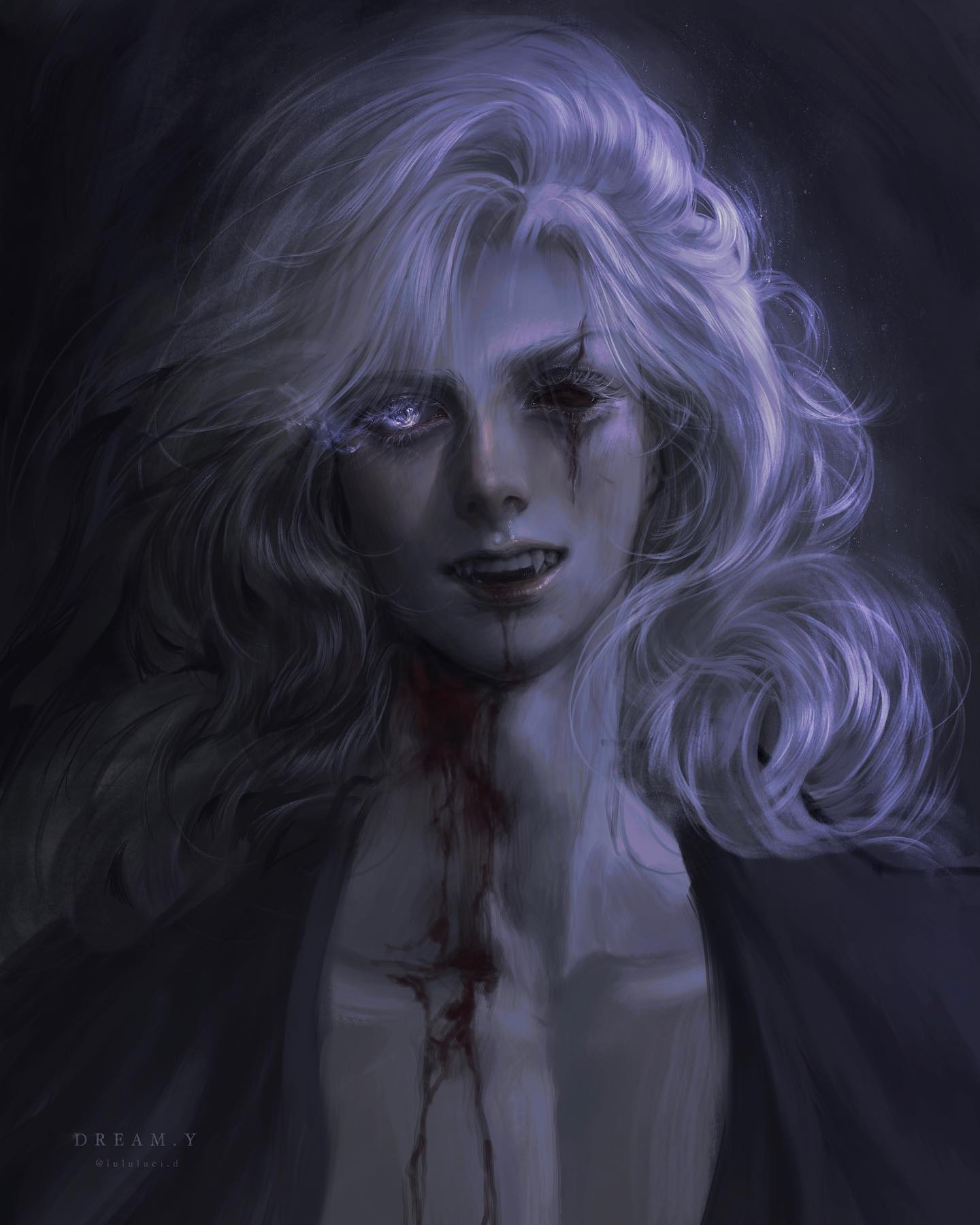 the image showcases a closeup portrait of a male vampire against a dark background. the vampire, with his striking white hair and piercing white eyes, exudes an aura of both allure and danger.  his fangs are bared in a menacing grin, and his face and chest are stained with fresh blood, hinting at a recent act of violence. the dim, soft lighting accentuates his otherworldly beauty while amplifying the unsettling nature of the scene.
