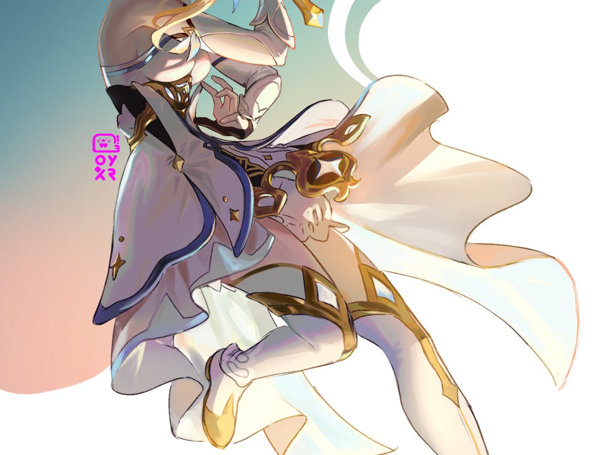 this is a digital illustration of an anime girl with long blonde hair and a white dress. she is holding a sword in her hand, and she is floating in the air. she is dressed in a white outfit with gold accents and a cape. there are stars on her clothing and a light blue border around her dress. she is set against a light blue and pink background. the overall image is magical and fantastical, with the character appearing to be in motion.