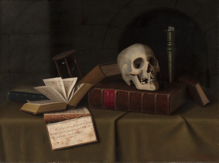 the image is an oil painting of a still life composition, set against a dark background suggestive of a stone alcove or niche. a human skull rests on top of a large, closed book with a red spine. to the left, there is a partially open book with its pages spread out, and an hourglass tipped to its side. a lit candle in a tall candlestick stands to the right of the skull. a folded letter with visible writing sits at the front, on the table. the painting style is realistic and classical, with a focus on light and shadow to create a sense of depth and texture. the objects depicted carry symbolic meaning, often associated with themes of mortality, the passage of time, and the pursuit of knowledge, characteristic of vanitas art.