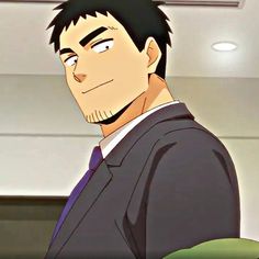 a lowangle image of an anime man wearing a suit and tie, with a confident smirk. he has short dark hair and a five o'clock shadow.  the environment appears to be an office setting.