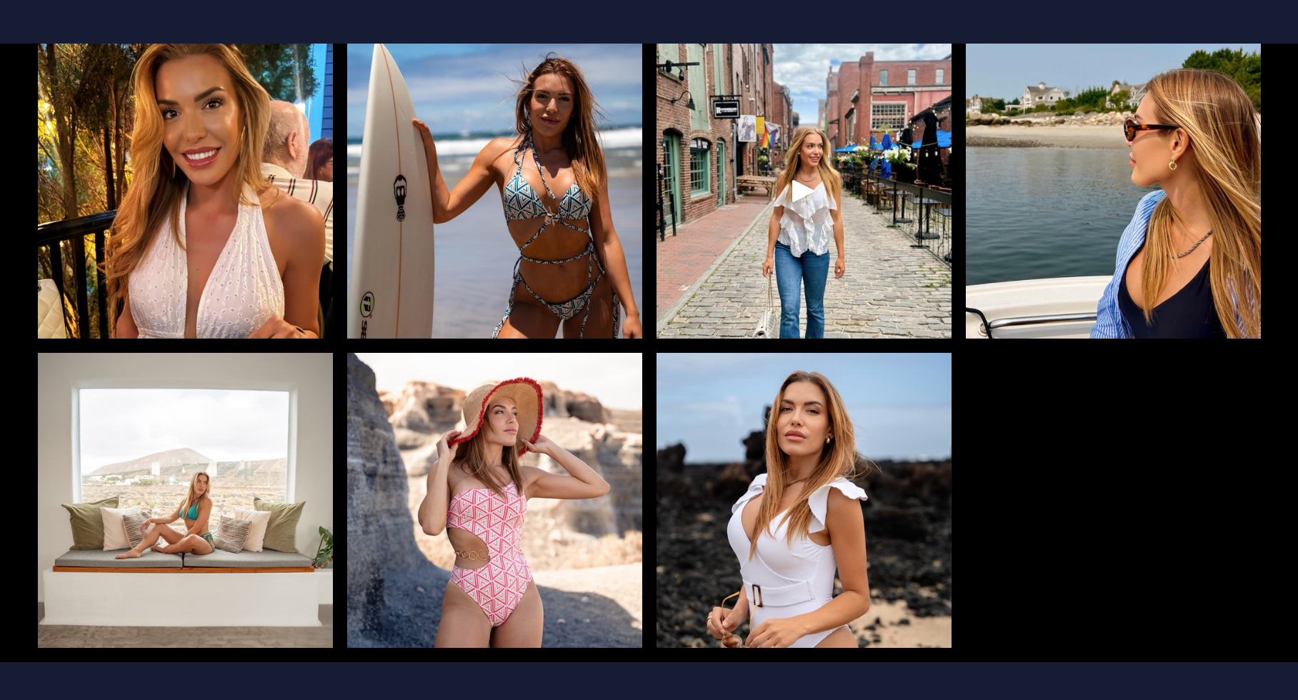 a collage of six images featuring beautiful women in a variety of summerthemed scenarios.  the top left image shows a woman in a white bikini top with a flowered print, enjoying the sunshine. the top middle image shows a woman in a bikini holding a surfboard with a beautiful background of the ocean.  the top right image shows a woman in a blue and white bikini walking in a cobblestone street with beautiful buildings.  the bottom left image shows a woman in a green bikini sitting on a couch, looking outside the window.  the bottom middle image shows a woman in a red swimsuit with a hat, relaxing in a beach. the bottom right image shows a woman in a white swimsuit with a stylish hairstyle and sunglasses, on the beach. all the images are brightly lit and capture the essence of summer.
