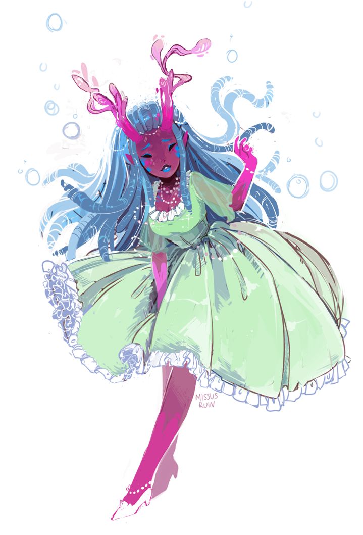 a fantasy illustration of a beautiful young woman with long blue hair, wearing a green dress and a pink crown. she is surrounded by bubbles and a magical light. her dress is adorned with sparkles, making her look ethereal and elegant.