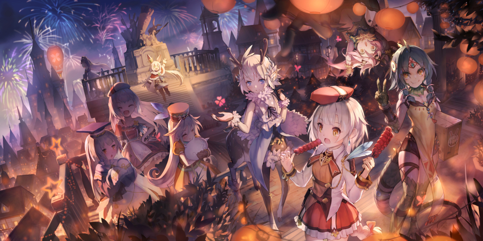 the image is a vibrant and detailed digital illustration or artwork featuring a group of animestyle girls in various fantastical costumes. they are gathered in a charming city setting at night, under a fireworks display and amidst hanging lanterns, suggesting a festive celebration. the girls exhibit unique designs, some with animalistic features like deer antlers or reptilian limbs, while others wear elaborate outfits and accessories. the overall style is whimsical and joyful, capturing a lively atmosphere. the background is a welldetailed city with medievalstyle buildings, adding depth and context to the scene. the artwork uses a rich color palette, effectively contrasting the warm tones of the city lights and lanterns with the cool hues of the fireworks and night sky.