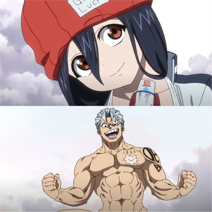 the image features two distinct anime characters. the upper portion showcases a young woman with long, dark hair and striking brown eyes. she sports a cheerful expression and wears a red beanie with the text "good luck." a tube of toothpaste is visible in her hand.  the lower portion presents a powerfully built man with gray hair styled in a pompadour. he has a wide, toothy grin and numerous tattoos, including a prominent sun design on his chest with the number "1865." his muscular physique is prominently displayed.  the juxtaposition of these contrasting characters creates a humorous and unexpected pairing.