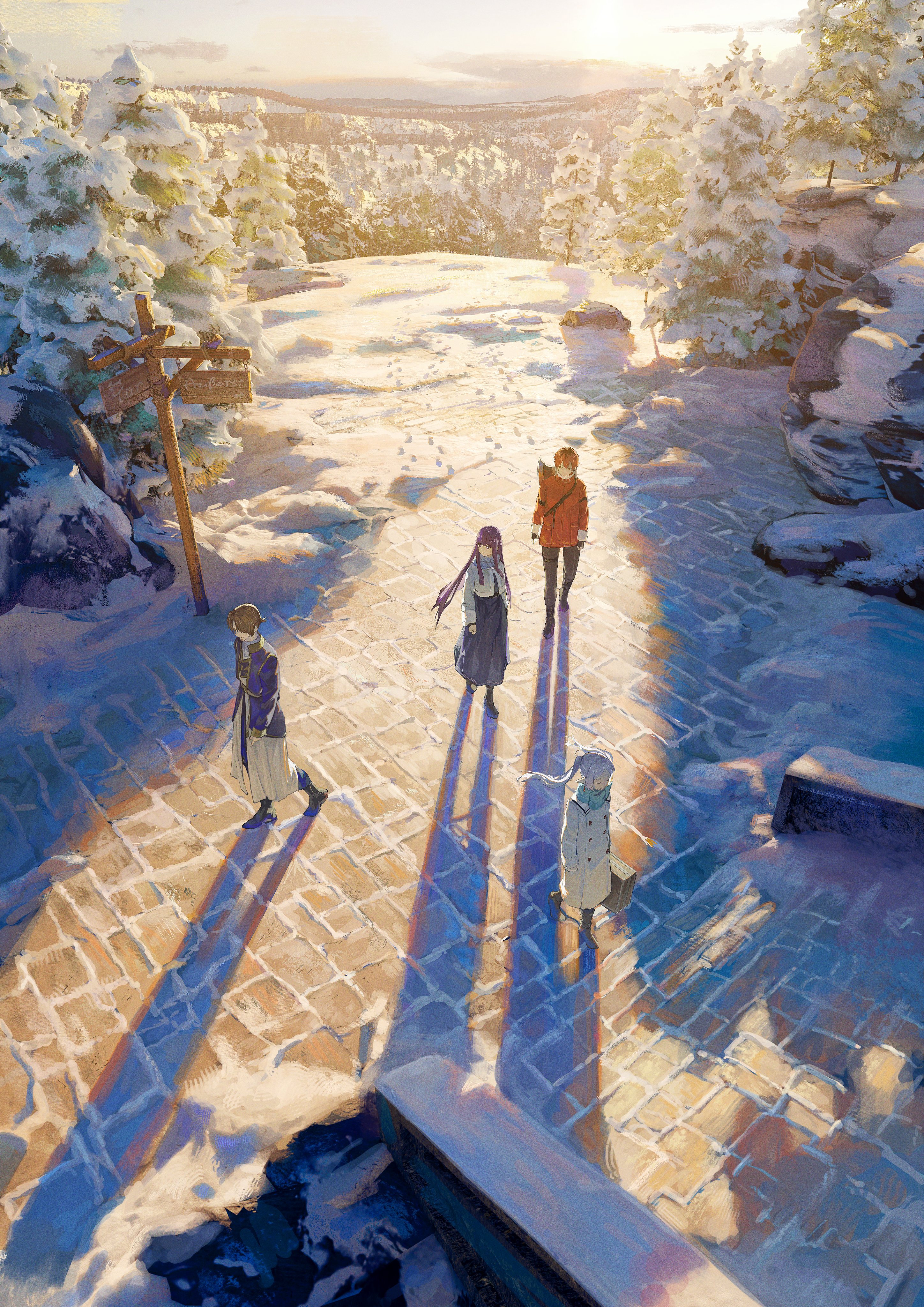 the image showcases a captivating winter scene with a group of four anime characters. bathed in the warm glow of the setting sun, they stand on a snowcovered path paved with stone. towering snowladen trees line the path, their branches reaching towards the sky. the sun's rays pierce through the trees, casting long shadows of the characters on the ground. a wooden signpost stands tall, partially obscured by the snow, hinting at a journey ahead. the overall ambiance is serene and picturesque, capturing the beauty of a winter landscape.