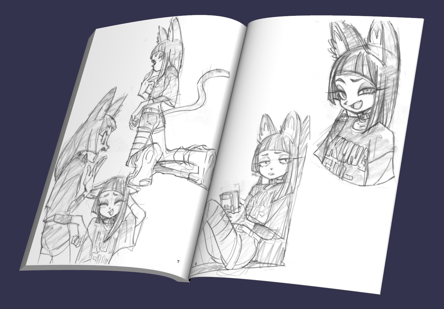 an open sketchbook displaying two pages of pencil sketches. the sketches depict a female character with cat ears and a tail in various poses. the art style is reminiscent of anime and manga.