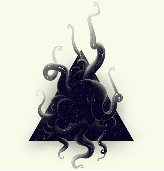 a digital illustration of a black and white abstract monster made of tentacles. the monster fills a triangle shape, against a light background, with its tentacles spilling out, with the space inside the triangle appearing as if it is covered in stars.