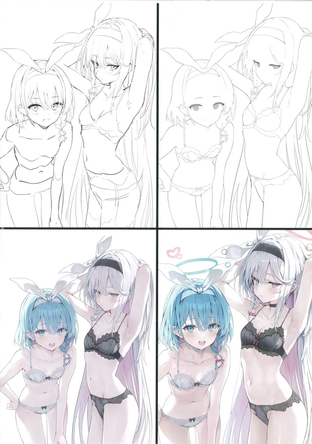 the image shows a fourpanel comparison of two anime girls drawn in different stages of completion. the first two panels display the line art sketch of the girls wearing lingerie and bunny ears. the second two panels show the colored version of the same drawing, with added details like hair color and shading. one girl has blue hair and a halo, while the other has white hair. they are both wearing different colored lingerie. the image highlights the transformation from a simple sketch to a fully colored illustration.