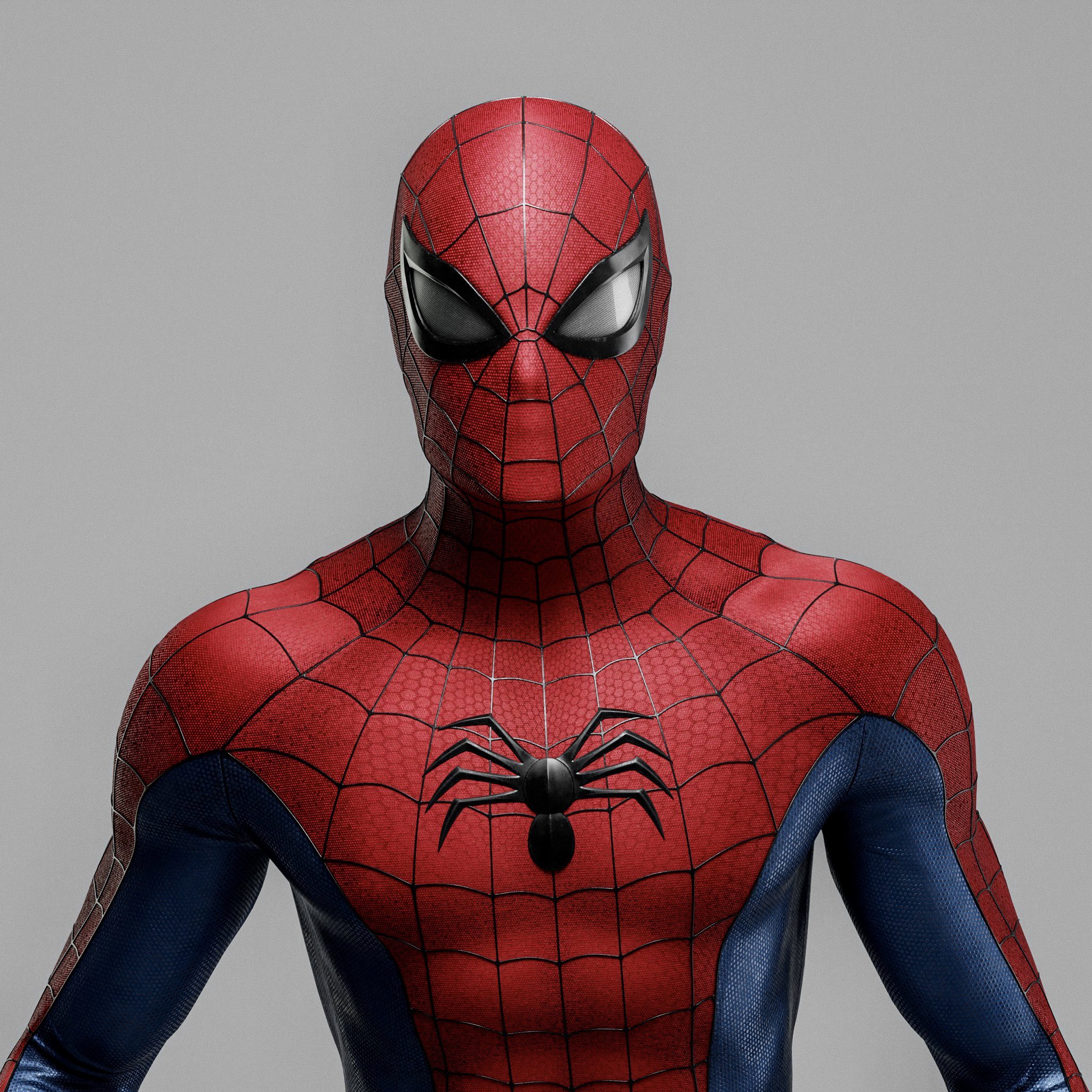 a person dressed as spiderman, a popular superhero, with the red and blue suit with the iconic spider logo on the chest.