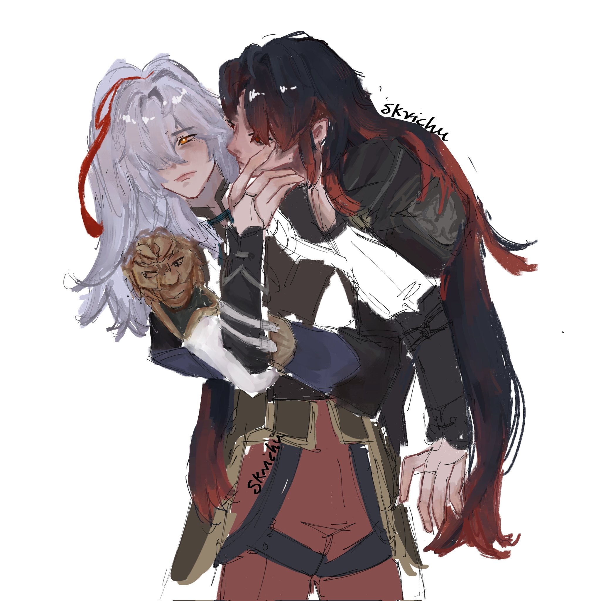 the image is an anime style illustration depicting two male characters, one with white hair and the other with black. they are close together, seemingly embracing, and the one with black hair appears to be kissing the other on the cheek. the characters have a romantic aura around them.