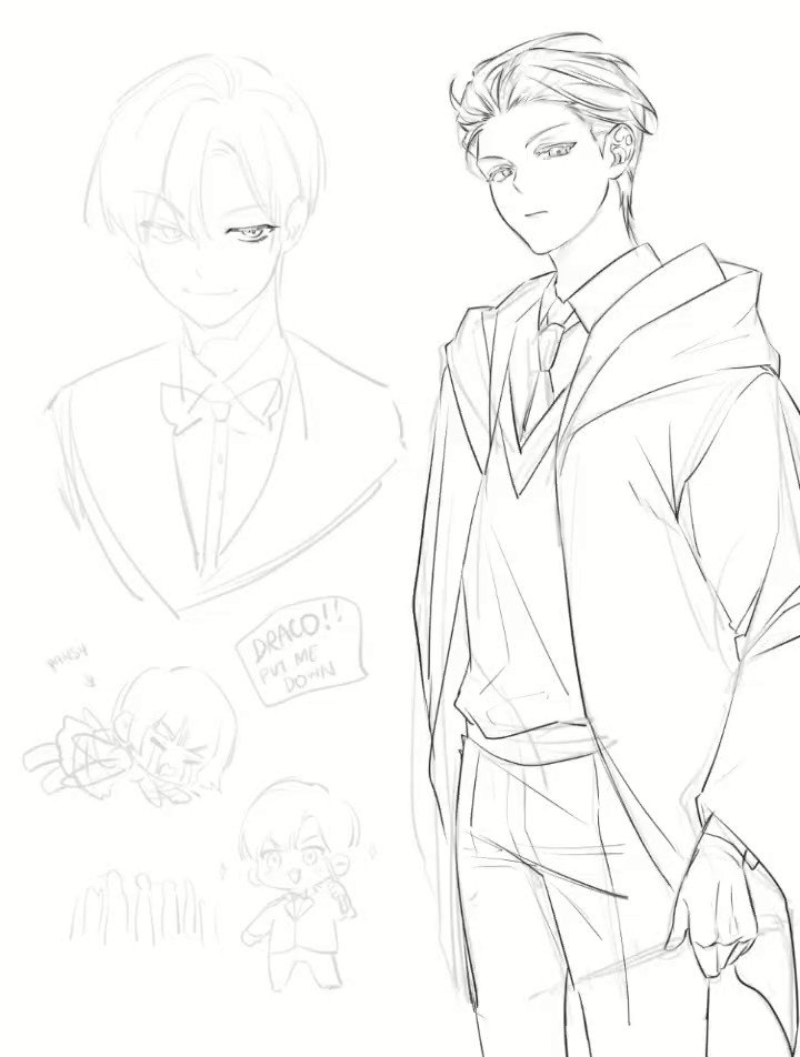 the image contains a collection of sketches, primarily focusing on male characters.  the main focus is on a taller, slender male figure, possibly a teenager or young adult, dressed in what resembles a school uniform or wizarding robe, with a serious expression.  there are smaller, chibistyle sketches alongside him, showing more playful expressions. one chibi character seems to be pleading with the main figure. another sketch portrays a male figure in a suit and bow tie, possibly a more formal setting. the overall style is light, sketchy, and lacks heavy detail, giving a sense of workinprogress. the sketches are in grayscale, indicating a pencil or digital sketching approach.